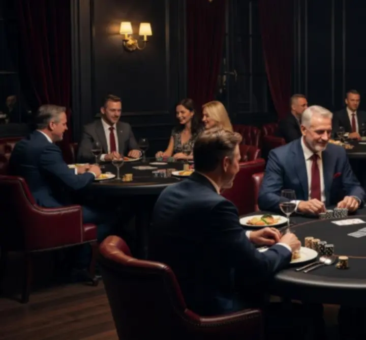 Nastrojowa pokerowo-restauracyjna atmosfera z ciemnym wystrojem i czerwonymi akcentami