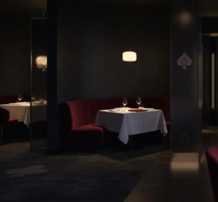 Kameralne wnętrze restauracji Polska Food Circle z eleganckimi stolikami i nastrojowym oświetleniem
