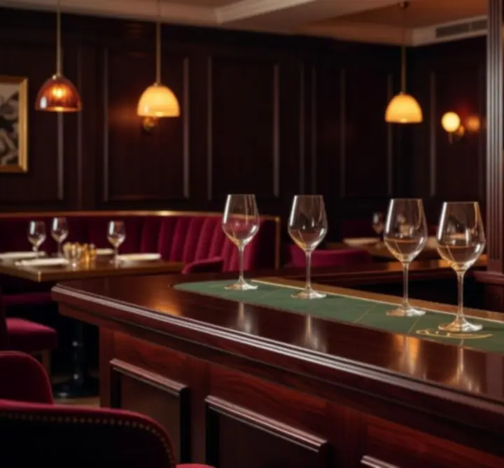 Butelki wina i elegancki bar w ciemnej restauracji